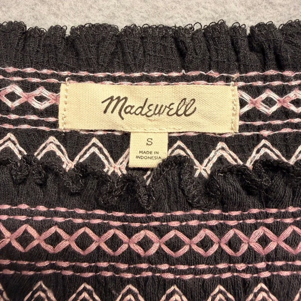 Madewell Smocked Puff Sleeve Top Black Pink Embroidered Gauze Blouse Small
